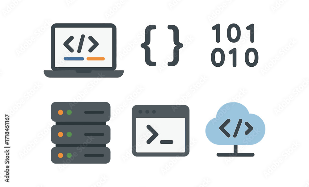 Wall mural minimalist coding and development icons with laptop, server, and cloud elements