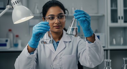 indian female scientist in lab coat and goggles examining water samples in laboratory setting. national water quality month theme. environmental research, education, scientific study.