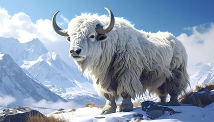 Majestic white yak in snowy mountains