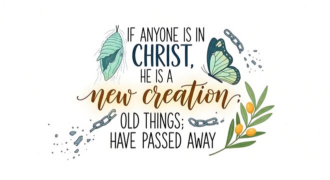 Hand Lettering with Bible Verse &ndash; &ldquo;If Anyone Is in Christ, He Is a New Creation; Old Things Have Passed Away.&rdquo; Inspirational Christian Scripture Vector Illustration (2 Corinthians 5:17)
