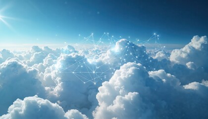 Abstract digital network overlay on fluffy white clouds against a clear blue sky. Futuristic cyberspace connectivity, data streams, and glowing points suggest technology and virtual landscapes.