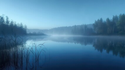 Fototapeta premium Serene dawn mist over a still lake, reflecting trees