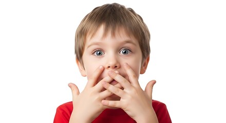 Little Boy Covering Mouth with Hands on White Background
