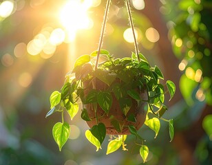 Hanging Potted Plant with Green Leaves in Sunlight Bokeh