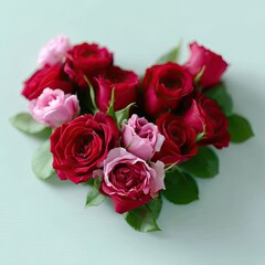 Heart Shaped Arrangement of Red and Pink Roses on Light Green Background Top View Romantic Floral Design