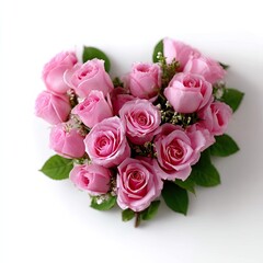 Heart Shaped Pink Rose Arrangement on White Background with Soft Lighting and Green Leaves for a Romantic Floral Display