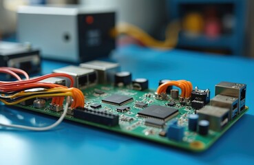 Industrial power supply unit circuitry on workbench, featuring detailed wiring connections, electronic components. Circuit board assembly with visible chips, orange connectors, set against blue