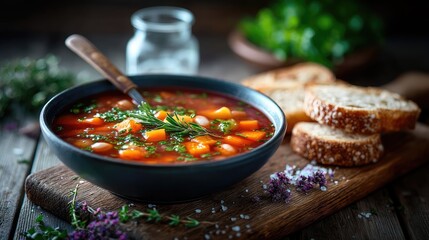 Hearty Vegetable Soup with Herbs and Bread on Rustic Wood Cutting Board Warm Lighting Food Photography
