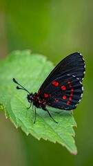 Fototapeta premium Black butterfly with red spots on leaf