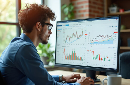 Man intently analyzes financial data on computer dashboard. Trading expert checks securities, bitcoin, exchange rates on monitor displaying charts. Business pro works in office, using technology for - Powered by Adobe