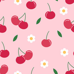 Red Cherry and White Blossom Delight on Pink Background