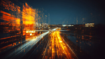 Nighttime cityscape with light trails from moving vehicles on a highway