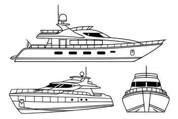 Obraz premium Technical-style yacht illustrations, seven variations in shape and size, black lines only, clean composition.