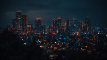 Obraz premium Nighttime cityscape with illuminated high-rise buildings and urban lights