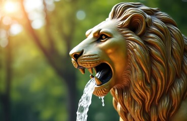 Golden lion head fountain spout in park setting. Water streams from open mouth, refreshment, hydration. Blurred green background suggests natural, outdoor environment ideal for cooling off on hot