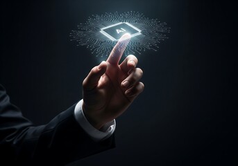 Close-up of a businessman's hand interacting with a futuristic AI microchip interface, showcasing technological innovation and digital transformation in a dark, moody, and professional setting.
