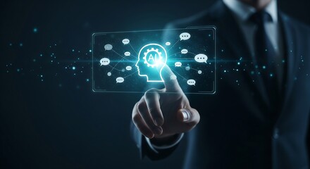 Visionary business leader engages with advanced artificial intelligence interface, symbolizing innovation, strategic thinking, and the future of digital connectivity