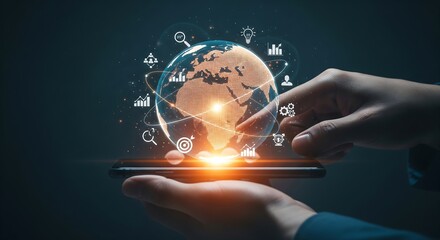 Global Business Strategy:  Hands Using Smartphone to Interact with a Holographic 3D Earth, Featuring Data Analytics, Growth Charts, and Innovation Icons.  Dark Moody Background.