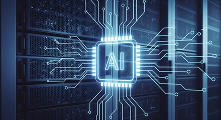 AI Server Technology: Futuristic Blue Circuitry Overlay on Modern Data Center Rack, Abstract Digital Intelligence Concept, High-Tech Network Infrastructure, Innovative Computing Power.