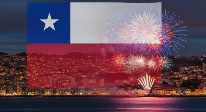 chilean flag overlay against vibrant night scene featuring fireworks over cityscape of valparaiso. national pride and celebration. event, holiday, and cultural promotion. chile independence day