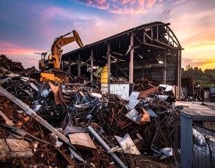 Industrial scrap metal yard at sunset