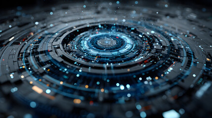 An abstract blue tech interface with a circular design and digital components, perfect for concepts that reflect modernity and the future.