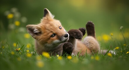 Cute red fox kit in grassy field