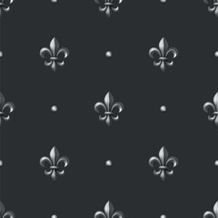 Luxury Silver Fleur-de-Lis Seamless Pattern on Black Background, Vector Illustration. Silver Royal Heraldic Symbol. Fleur-de-Lis Wallpaper, Fabric, Digital Paper. Vintage French Ornament