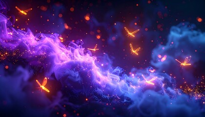 Glowing dragonflies in a vibrant nebula