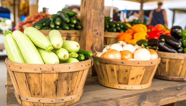 Fresh produce in wooden baskets