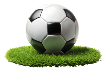 Classic cutout png Black and White Soccer Ball on Green Grass Patch isolated on a transparent background 1