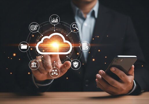 Businessman leveraging advanced cloud computing technology for seamless data management, secure digital transformation, and global network connectivity in a modern enterprise environment