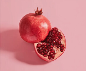 Fresh Pomegranate with Seeds on Pink Background, open pomegranate, Jewish Holiday, Rosh Hashanah