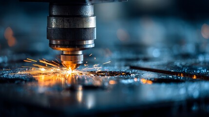 Banner background concept Modern industrial technology CNC laser engraving heavy metal with sparks