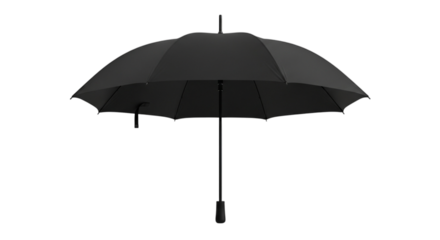 Classic black umbrella with a rounded handle, isolated on white and transparent background for seasonal weather and outdoor accessories
