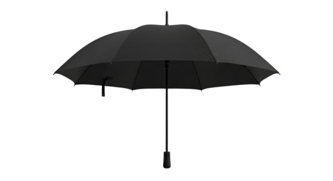 Classic black umbrella with a rounded handle, isolated on white and transparent background for seasonal weather and outdoor accessories