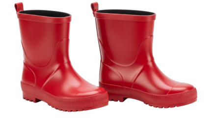 A pair of bright red rubber rain boots with a shiny finish for rainy weather, gardening, and cheerful designs, isolated on white and transparent background