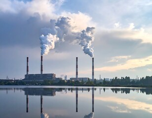 Industrial smokestacks reflecting on a calm lake at sunset
