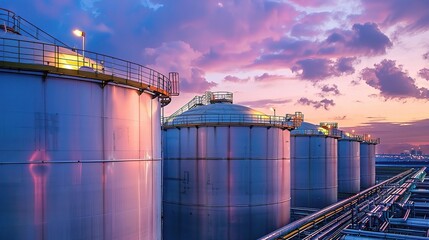 Storage tank with a large cylindrical metallic steel body, placed in an industrial facility, oil depot, or water treatment plant to store liquids like oil, water, or chemicals, equipped with valves, p