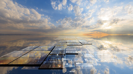 Solar panels floating on a reflective water surface under a dramatic sky with clouds and sunlight