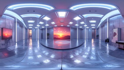 Futuristic, modern hall with sunset view