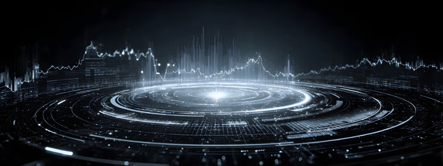 Cyber security and network protection. Giant holographic digital screen with graphs, information