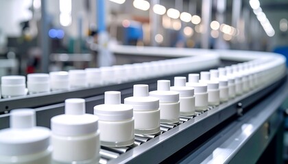 Fototapeta premium Cream jars on an automated production line