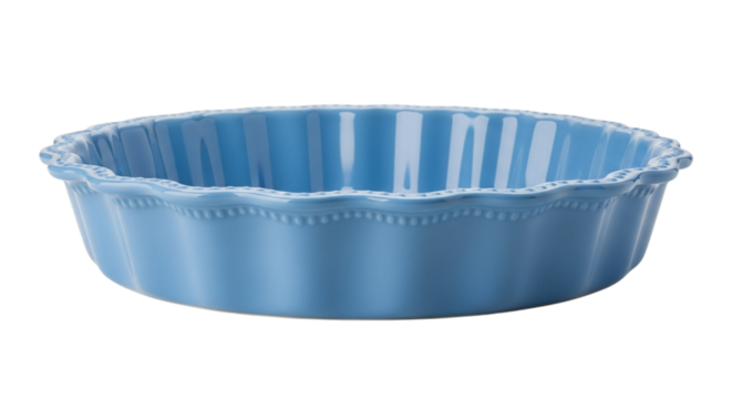 Empty ceramic pie dish with blue scalloped edge for baking and dessert concepts, isolated on white and transparent background - Powered by Adobe