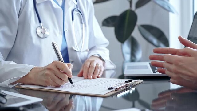 Doctor and patient discussing health concerns in medical office. Physician making notes on a clipboard. Medicine and Health care