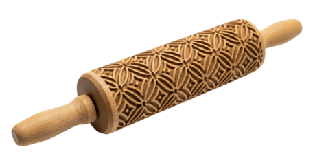 Wooden rolling pin with embossed pattern for baking and decorative pastry isolated on white and transparent background for kitchen concepts
