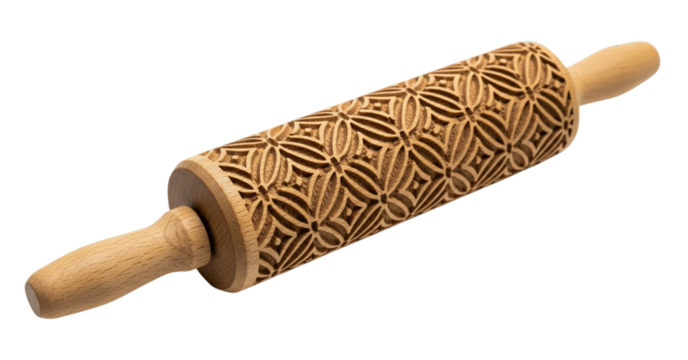 Wooden rolling pin with embossed pattern for baking and decorative pastry isolated on white and transparent background for kitchen concepts
