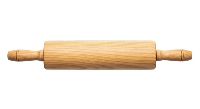 Wooden rolling pin for baking and pastry preparation isolated on white and transparent background for food and kitchen concepts
