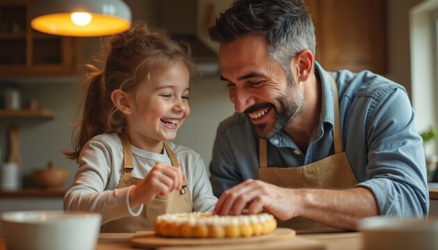 Father and daughter share baking fun in kitchen. Dad teaches child cooking, creating family happiness and warm togetherness. Laughter fills home during sweet homemade meal prep.