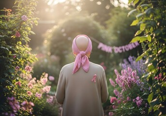 Cancer survivor with pink ribbon in garden